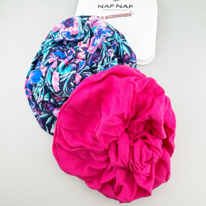 Duo de grands scrunchies Naf Naf en rose vif et imprimé floral