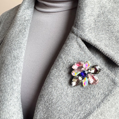 Colorful flower brooch Sonata worn on a blazer with vivid faceted crystals