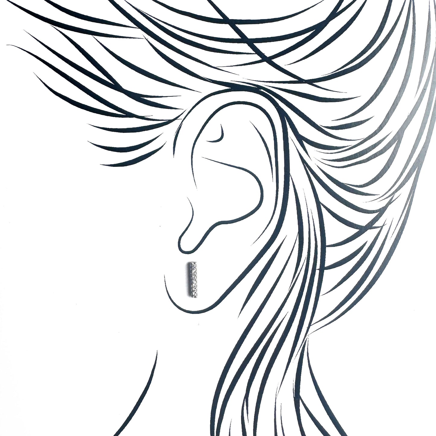 Silver cz stud earrings Universe worn on the ear in a slim vertical design