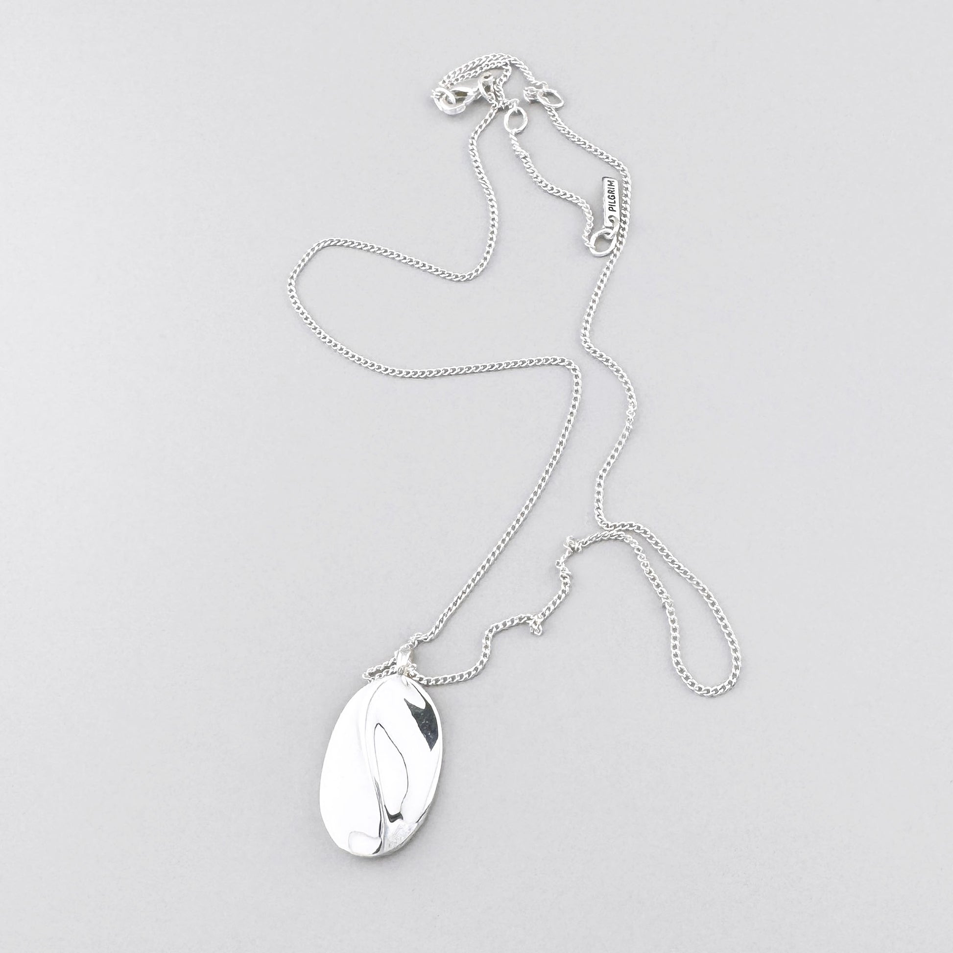 Feine Halskette mit ovalem Anhänger und glänzender Oberfläche im minimalistischen Stil