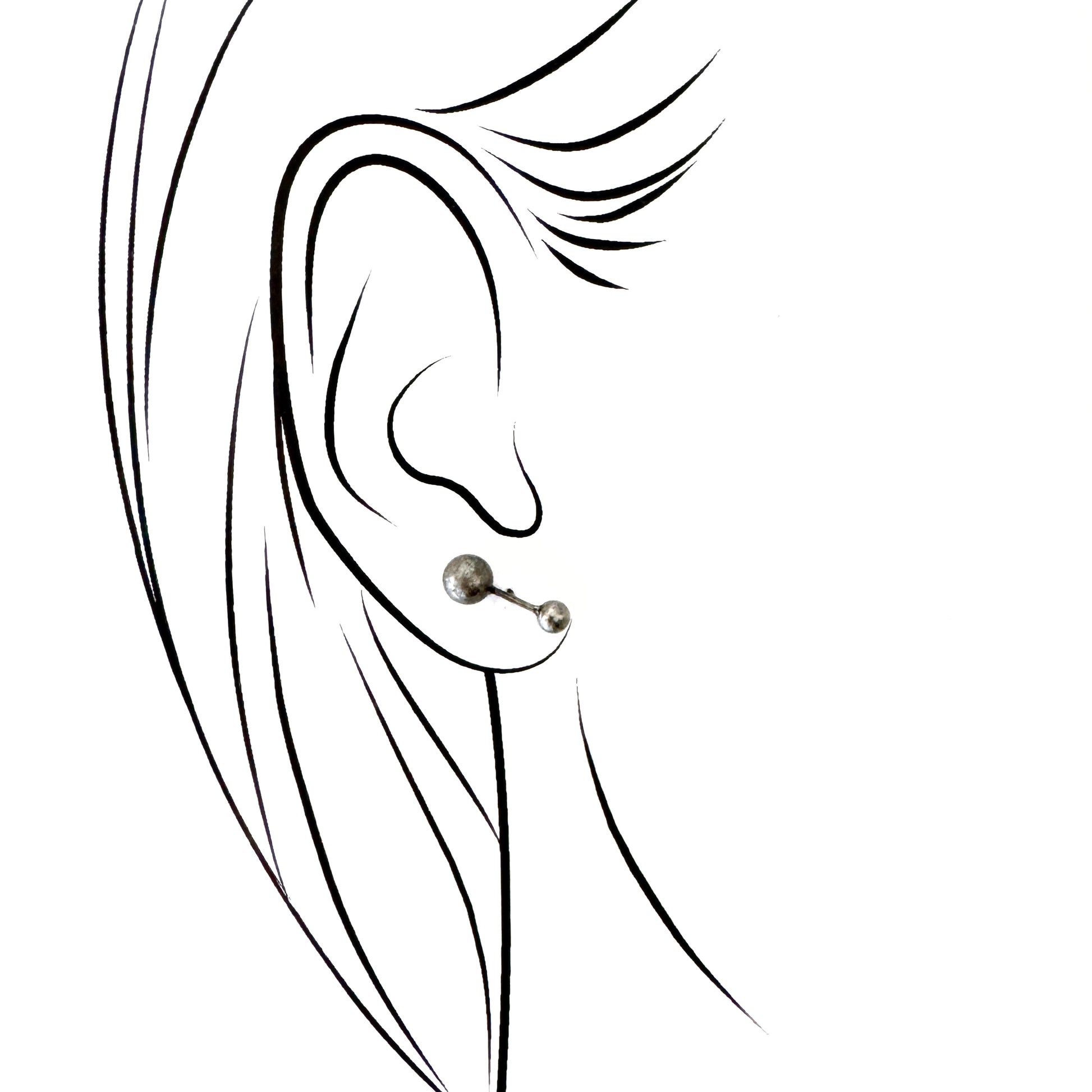 Ear illustration of patina silver 925 stud earrings with twin balls, clean line art and refined minimal mood