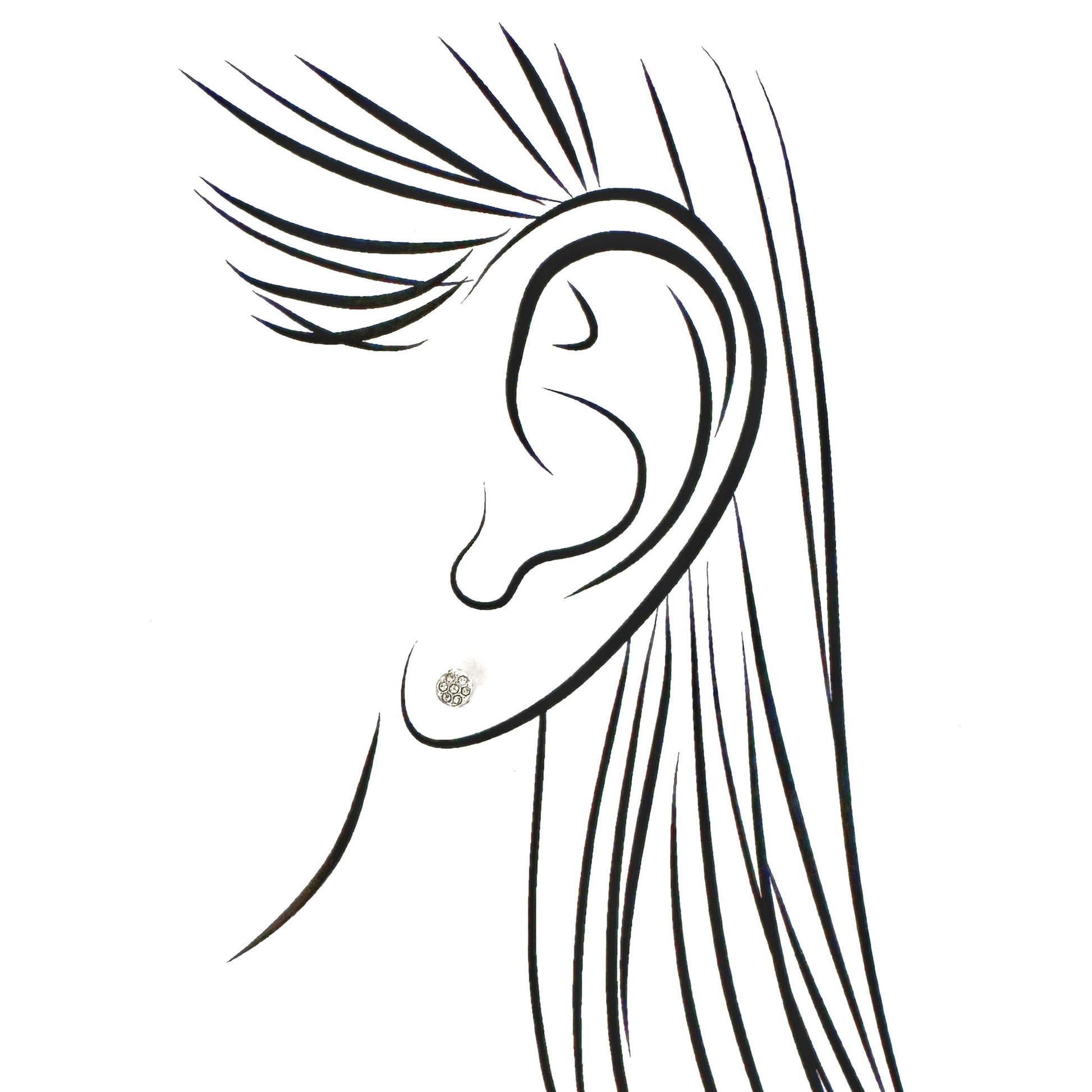 Small silver crystal stud earrings shown in ear outline illustration