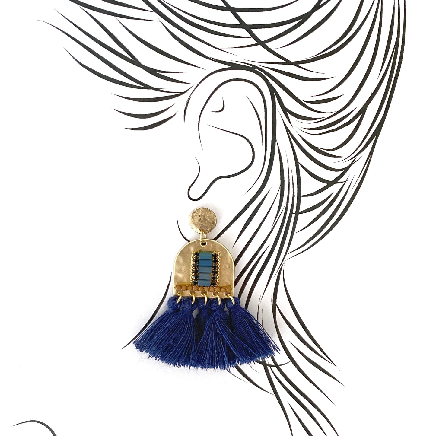 Gold-toned ethnic earrings with dark blue fringe and beads