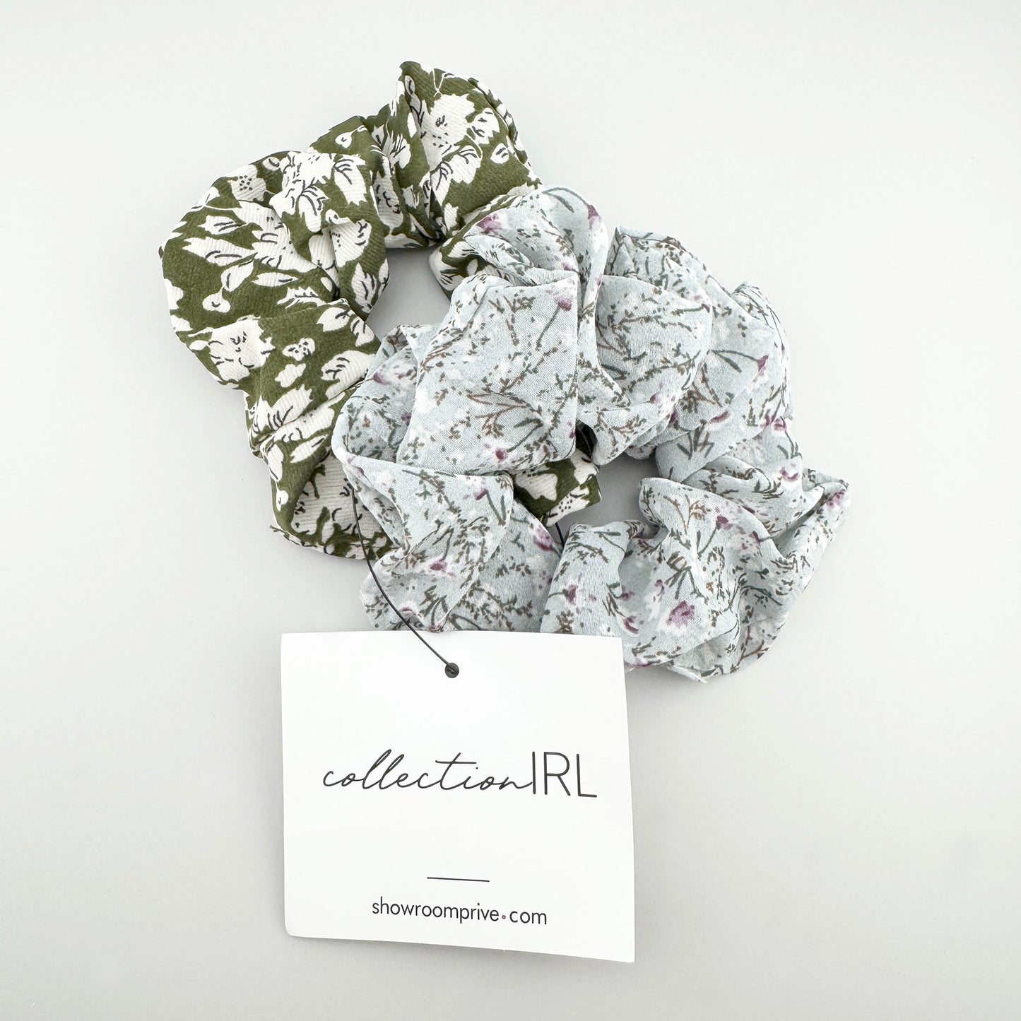 Romantic IRL scrunchie duo in soft mint and olive floral prints