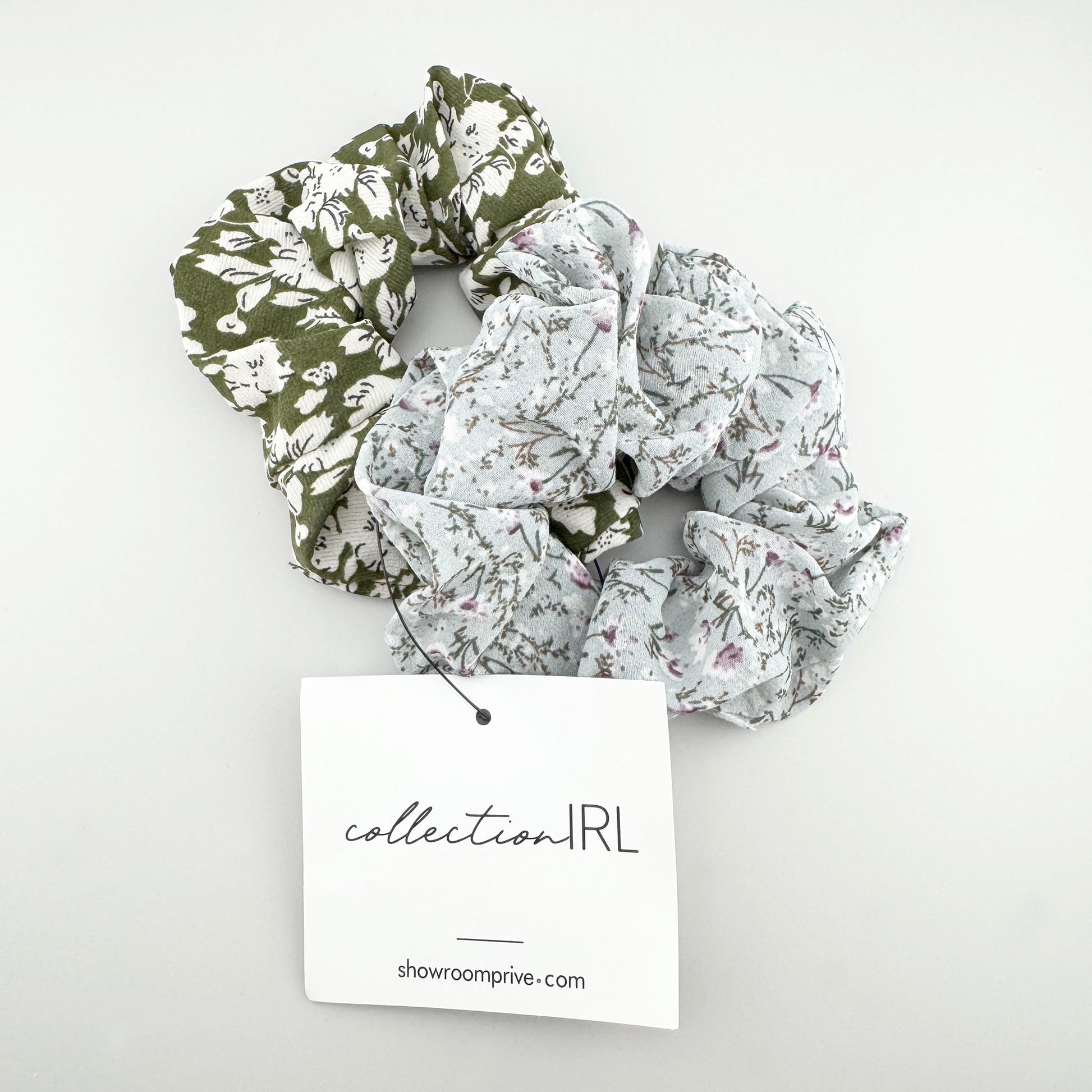 Romantic IRL scrunchie duo in soft mint and olive floral prints