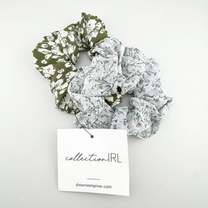 Romantic IRL scrunchie duo in soft mint and olive floral prints