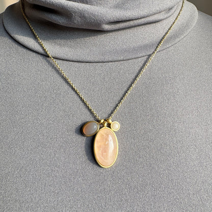 Gold Pilgrim necklace with rose quartz, white jade and gray quartz in a matte finish