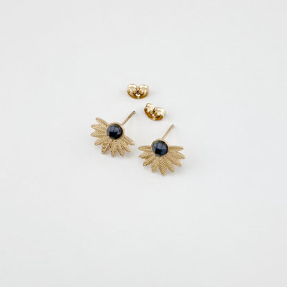 Gold-tone agate earrings showing stud fastening and texture