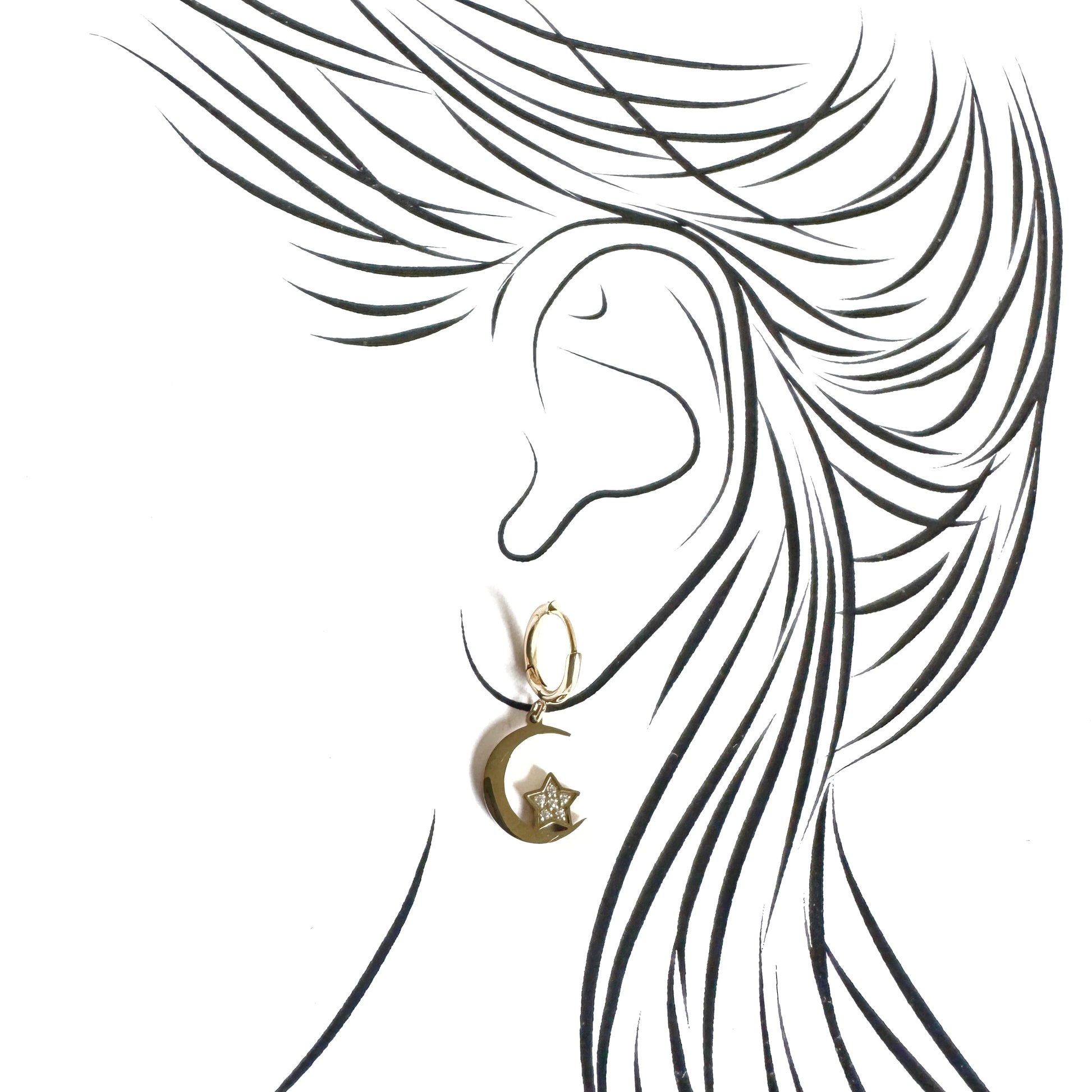 Gold IRL hoops with crescent and star charms, tiny zircons add gentle sparkle