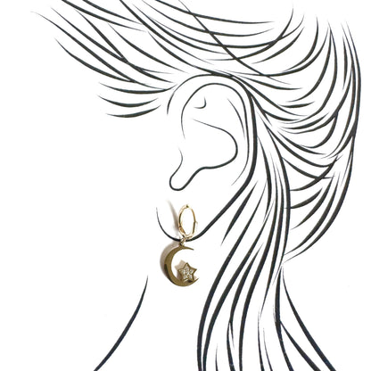 Gold IRL hoops with crescent and star charms, tiny zircons add gentle sparkle