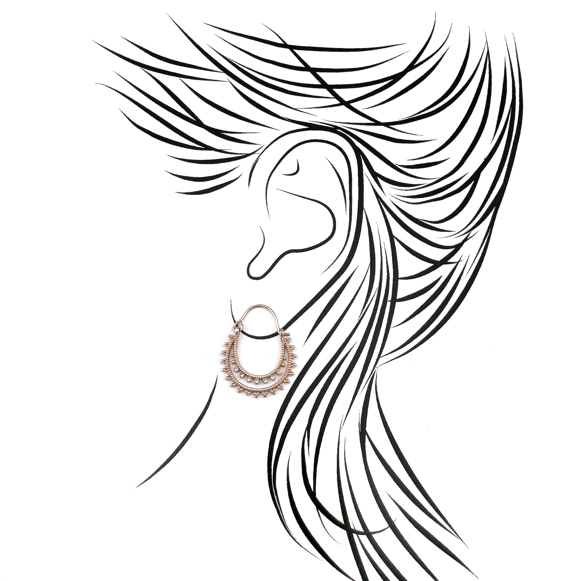 Ethnic rose gold earrings with crystals and hook clasp