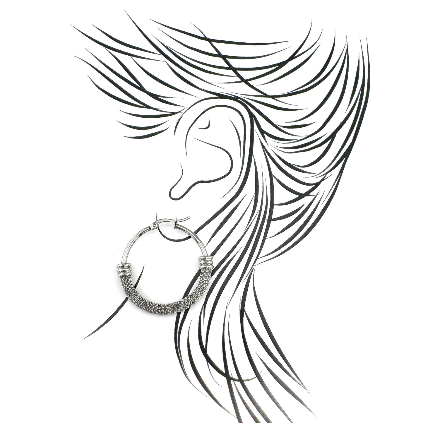 Иллюстрация серёг-колец mesh в серебристом тоне, лаконичный стиль