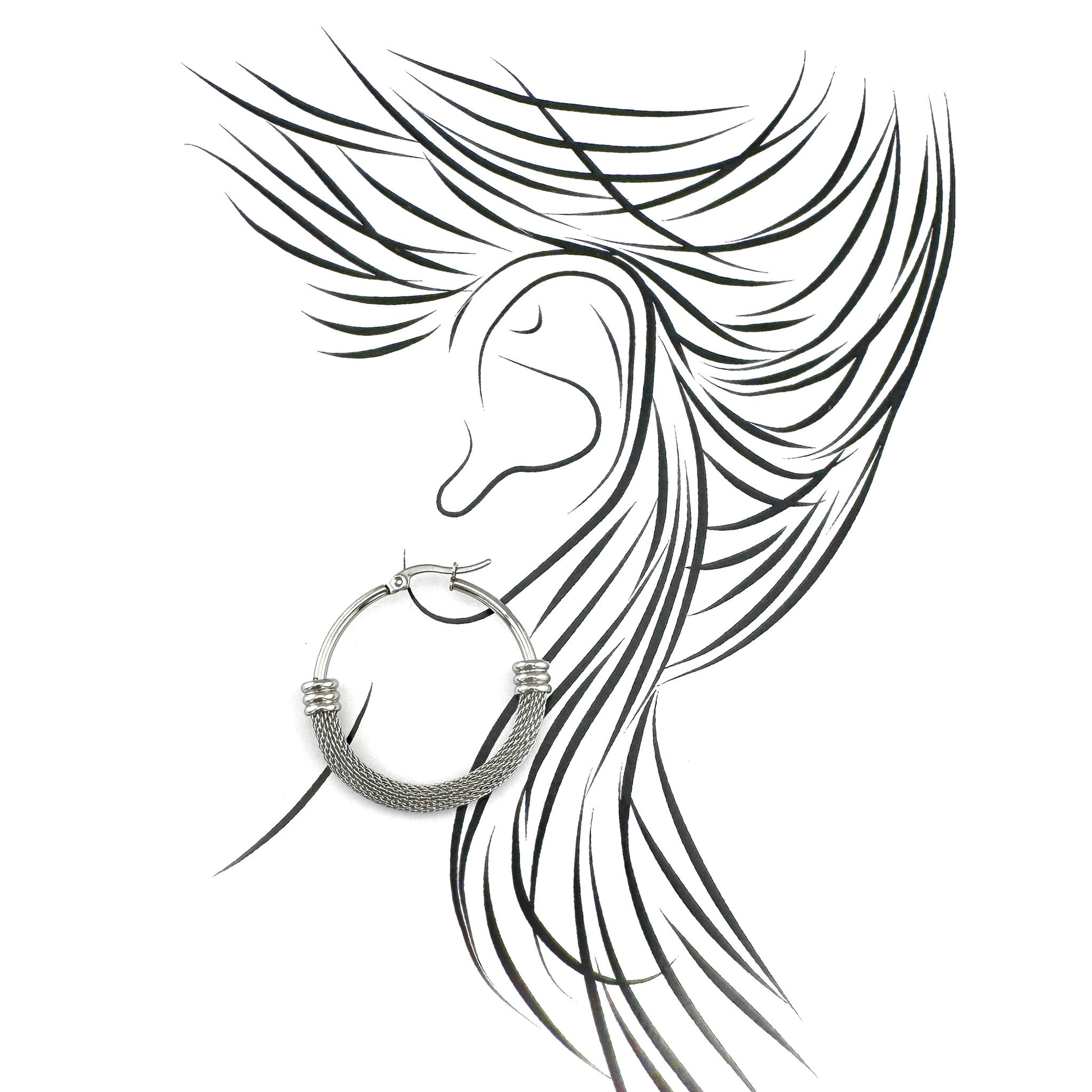 Иллюстрация серёг-колец mesh в серебристом тоне, лаконичный стиль