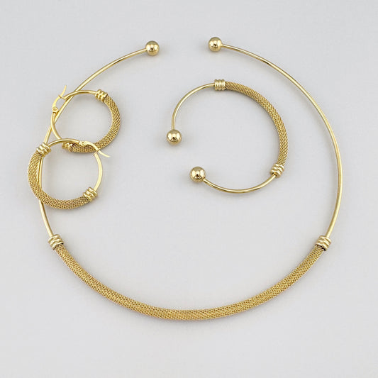 Komplet mesh Maravillas: naszyjnik, bransoletka i kolczyki koła w złotym tonie, lekkie i eleganckie