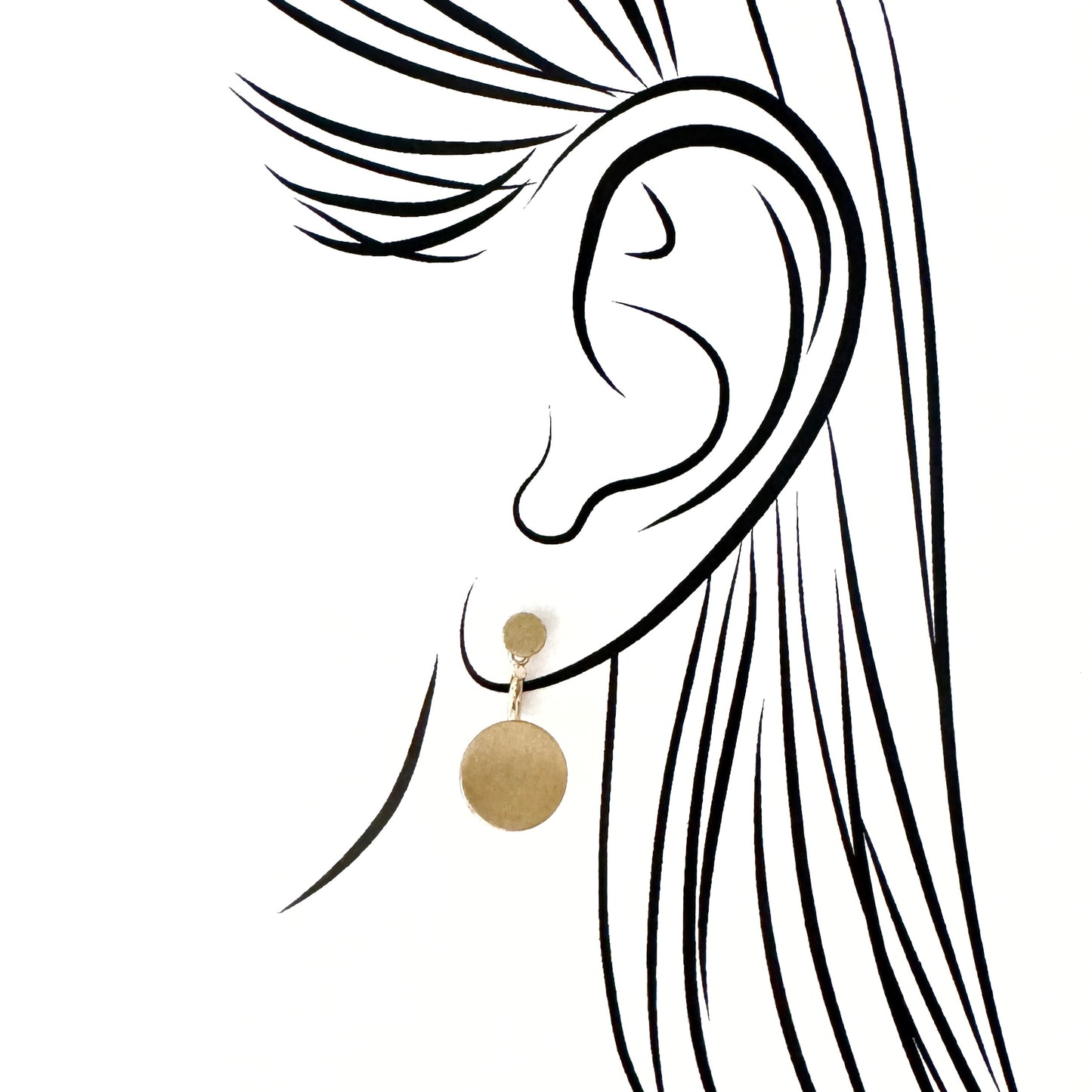 Pilgrim minimalist disc earrings with a satin front and polished back, worn as studs or with a hanging disc