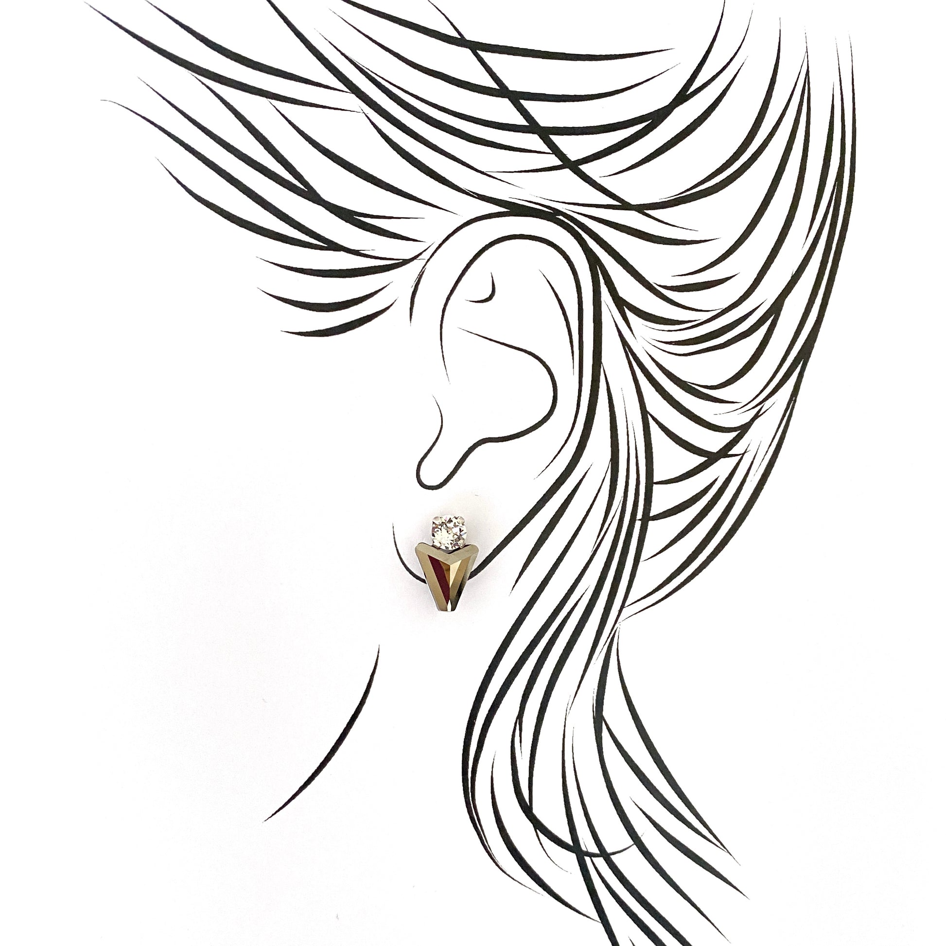 Modern triangle stud earrings with sparkling crystals and silver finish