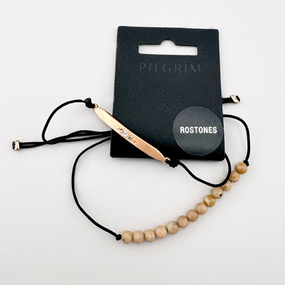 Bransoletka z naturalnymi kamieniami na czarnym sznurku z detalem w kolorze różowego złota