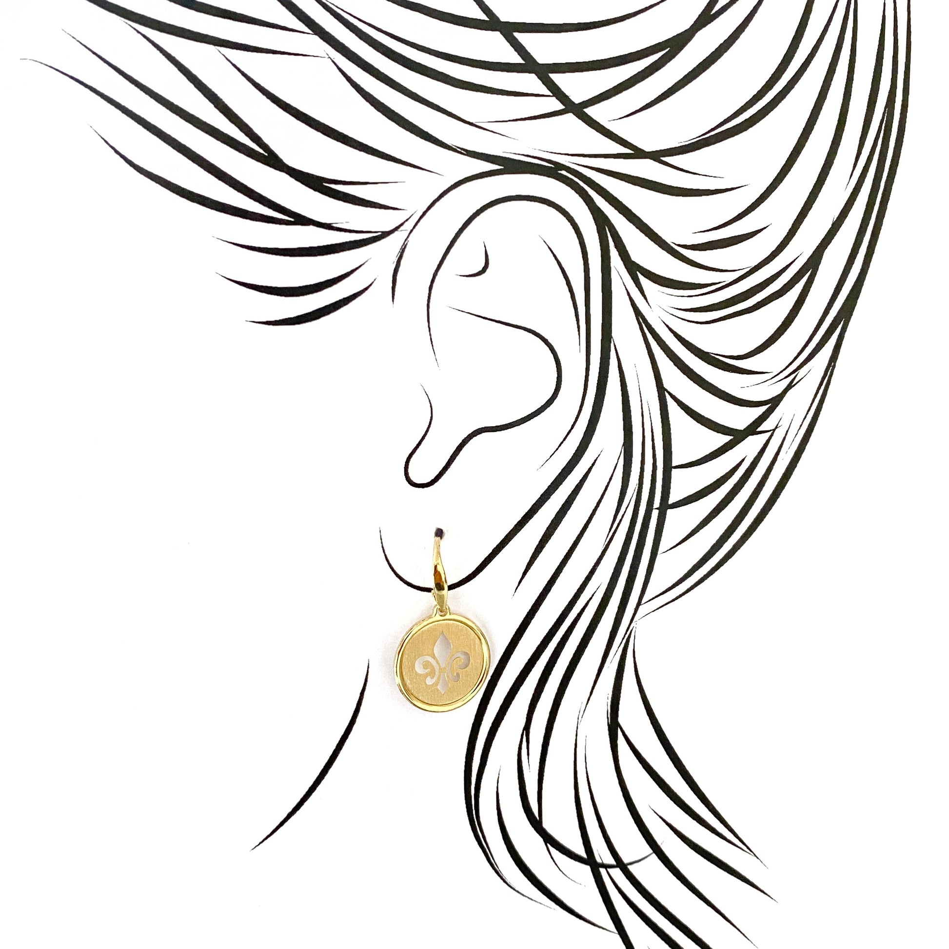 Nomination round earrings with fleur-de-lis design shown on ear illustration