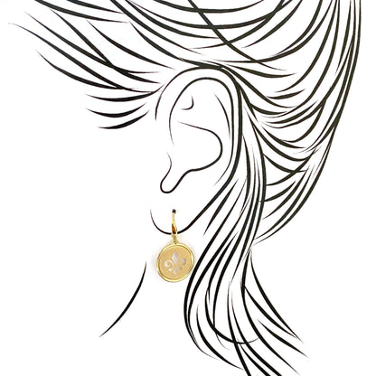Nomination round earrings with fleur-de-lis design shown on ear illustration
