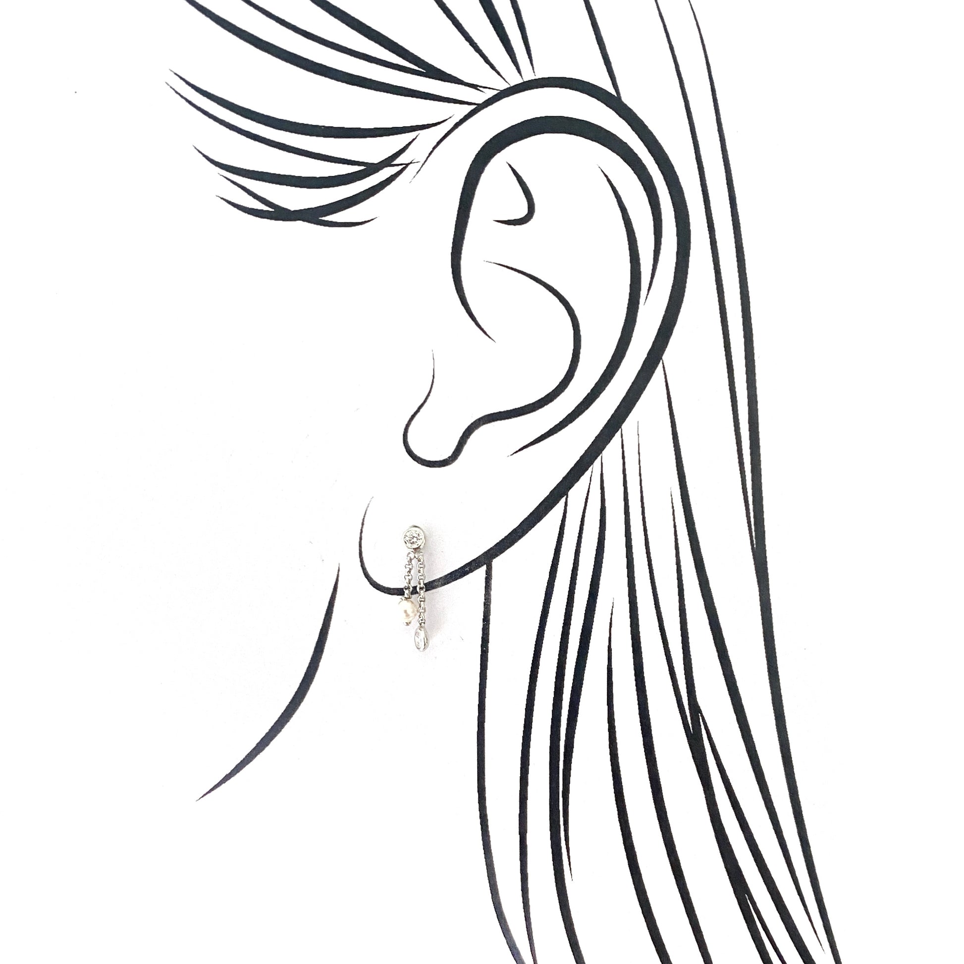 Nomination earrings with pearls and zirconia chains shown on ear illustration