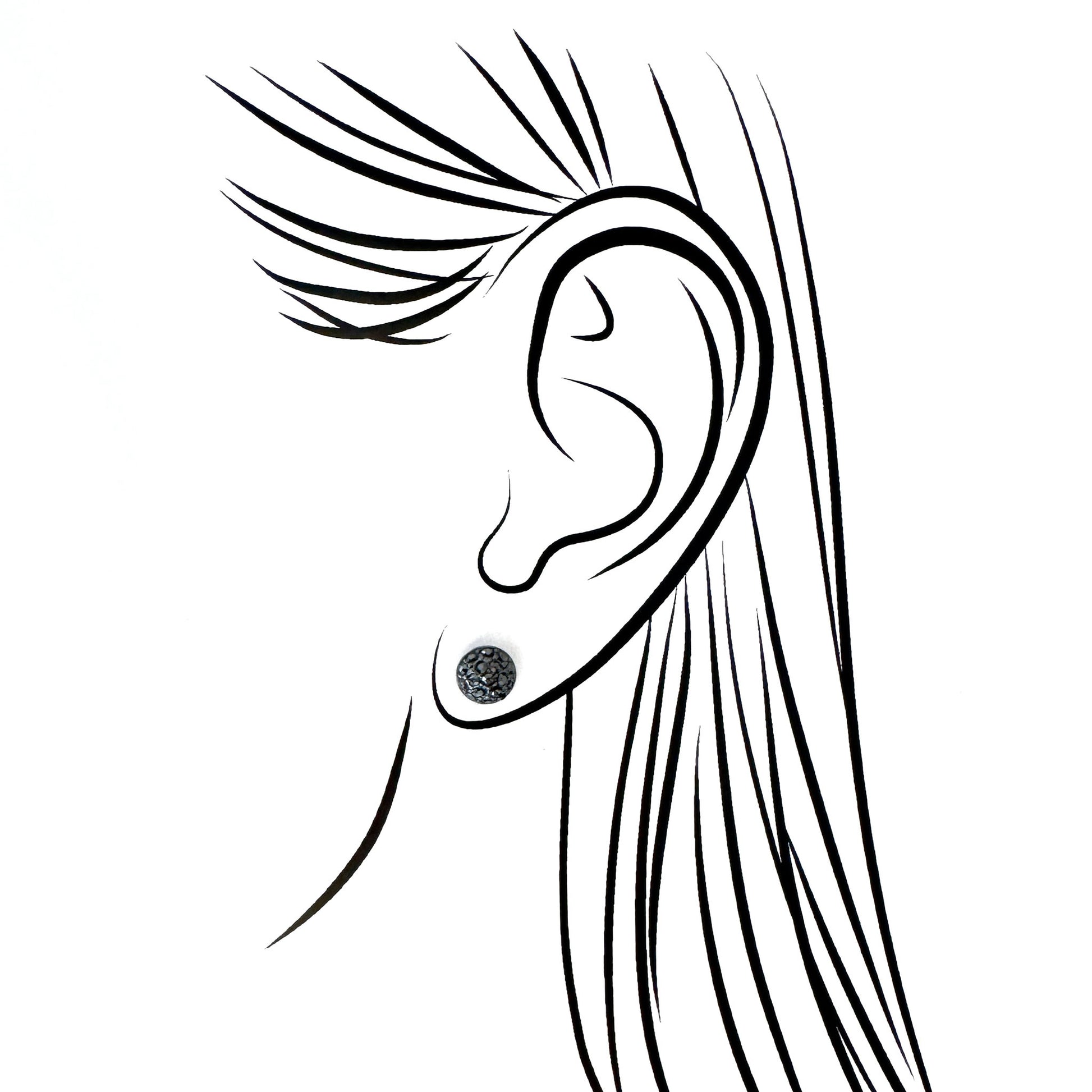 Black crystal stud earrings shown on ear sketch