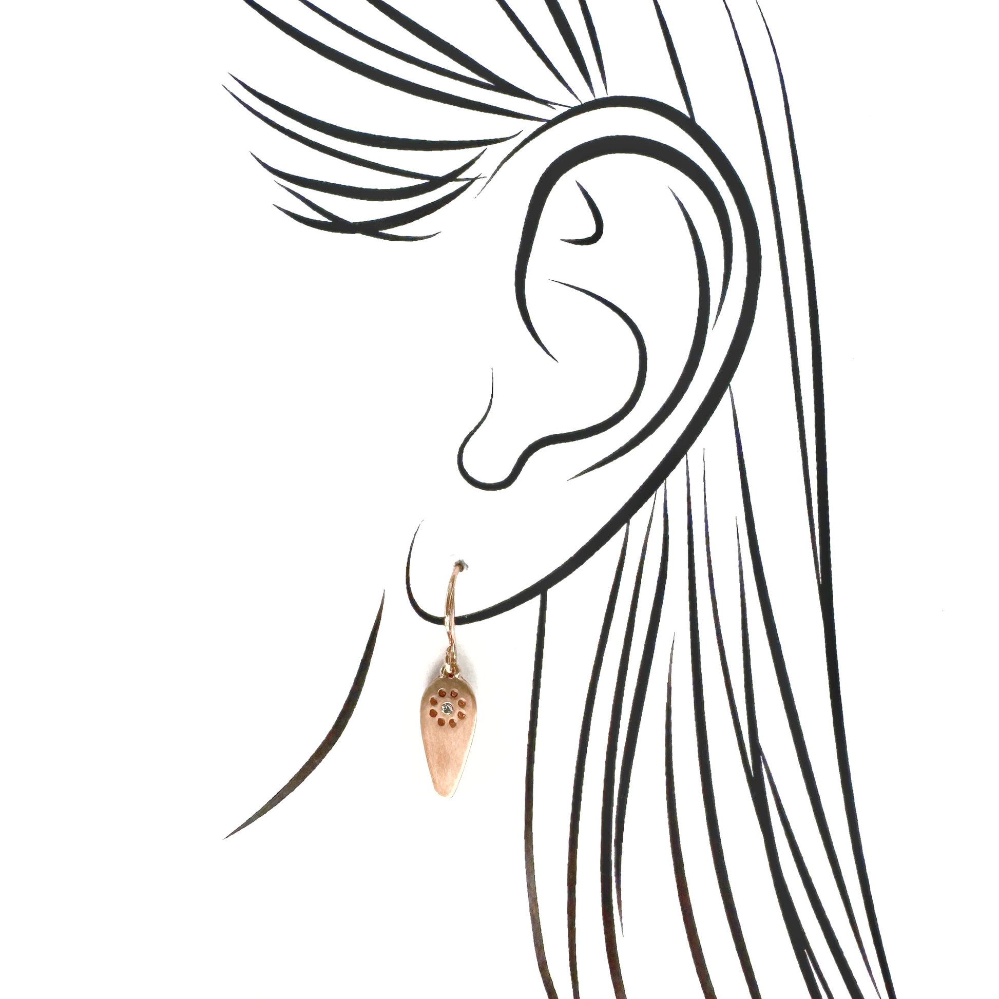 Pilgrim rose-gold tone crystal earrings on ear illustration, satin matte drops with sun-perforated detail