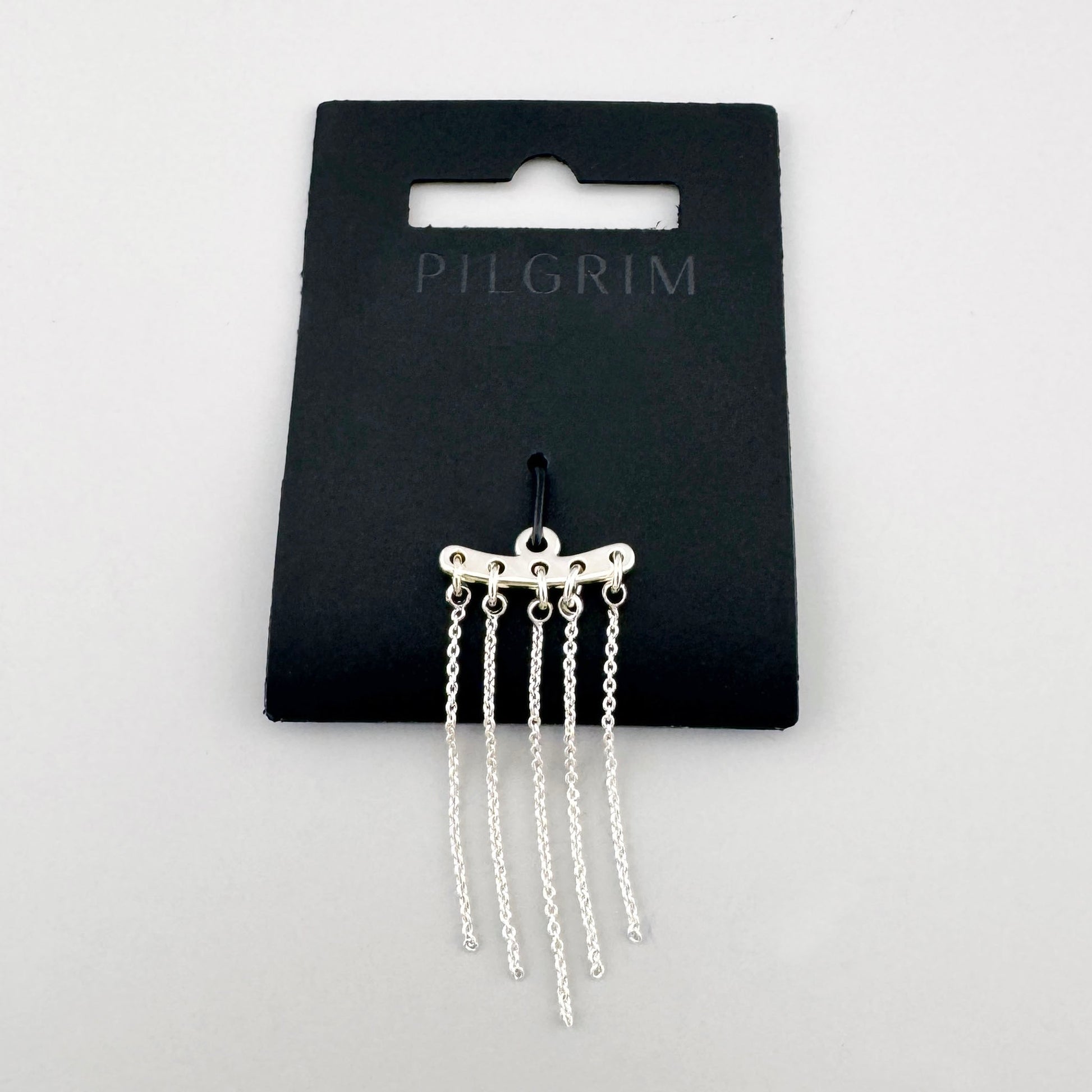 Zawieszka z pięcioma łańcuszkami Pilgrim w chłodnym srebrnym odcieniu na opakowaniu