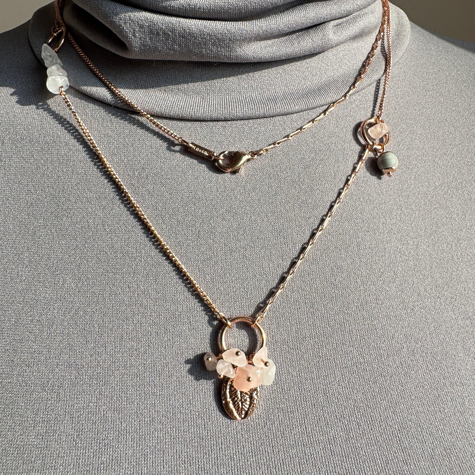 Elegant Pilgrim necklace with rose quartz, natural pearl and leaf charm in warm tone
