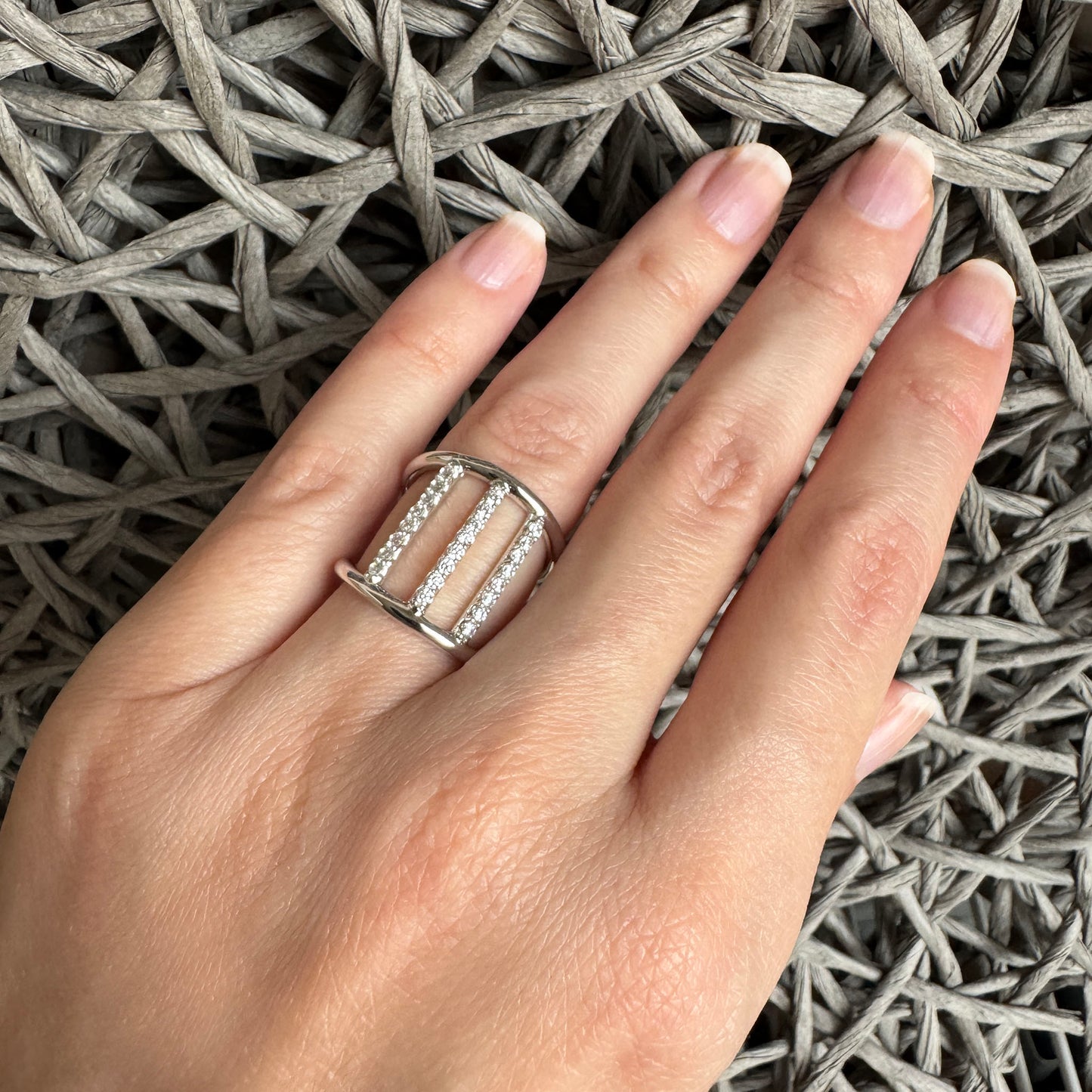 Elegant silver cubic zirconia ring by Bliss Gioielli worn on hand