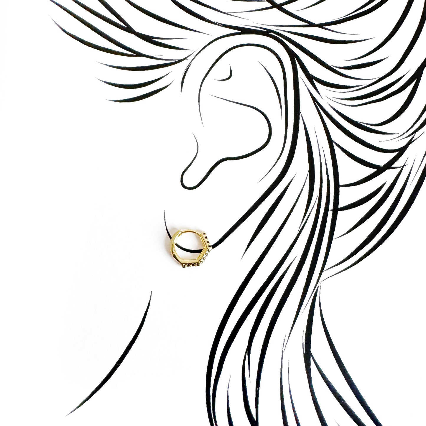 Single gold-tone hoop earring Earcandy worn on the ear with black zirconia detail