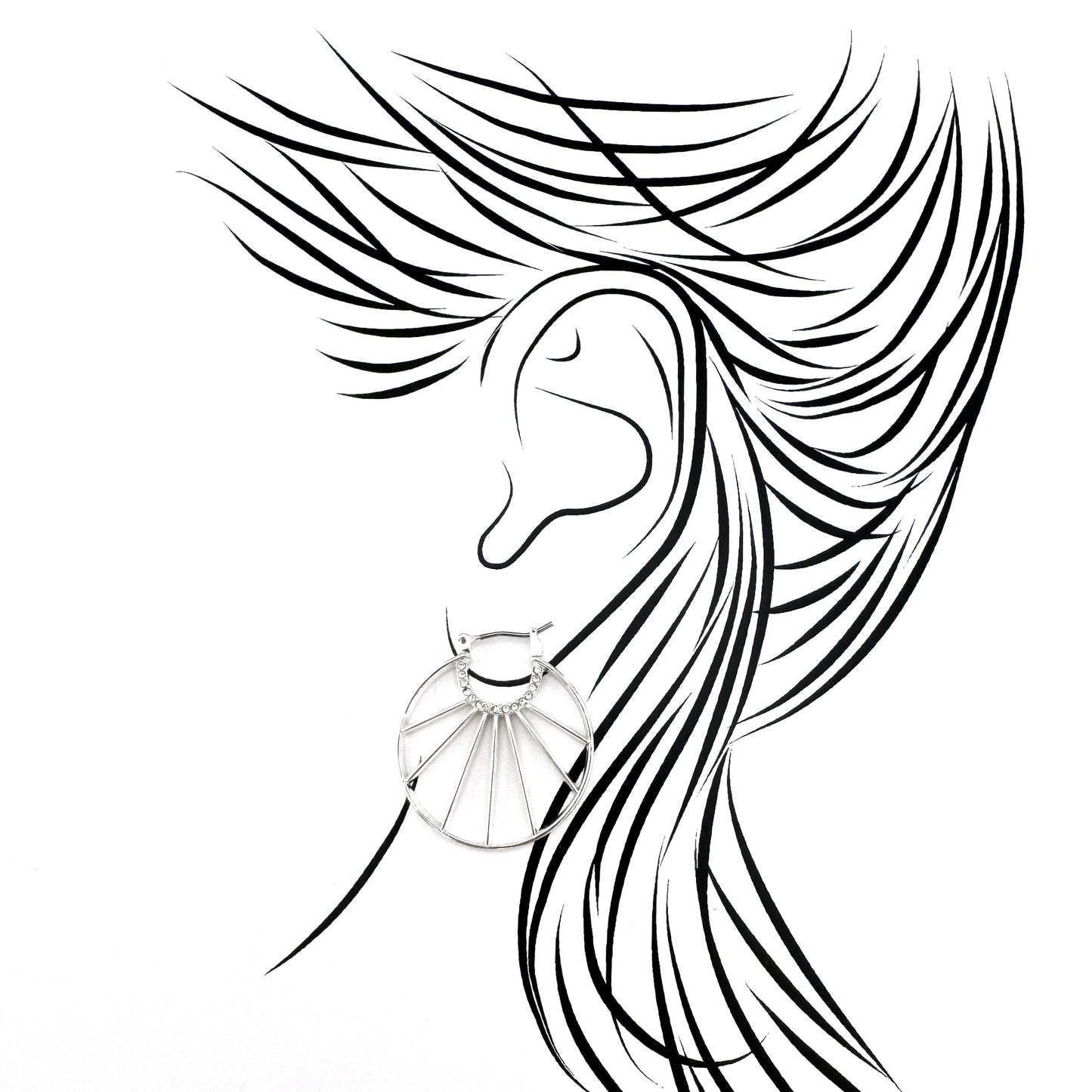 Lightweight sun-ray hoop earrings with a geometric open frame and a row of clear zirconia