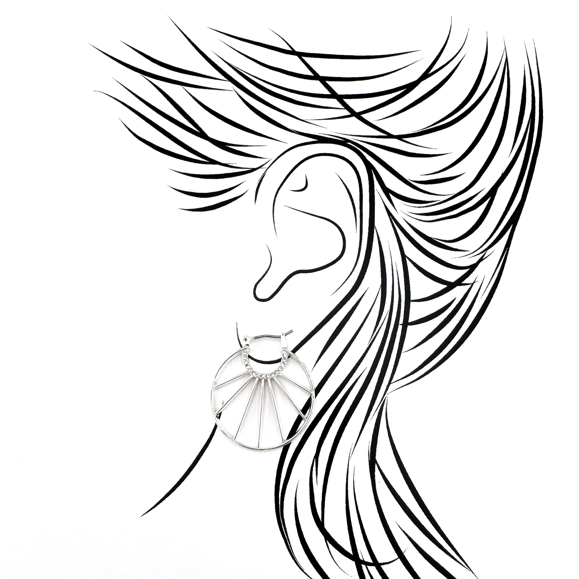 Lightweight sun-ray hoop earrings with a geometric open frame and a row of clear zirconia