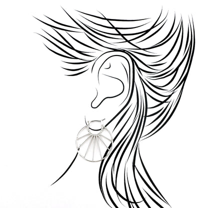 Lightweight sun-ray hoop earrings with a geometric open frame and a row of clear zirconia