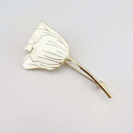 Broszka tulipan Sonata z kremową emalią i złotą linią w smukłej formie