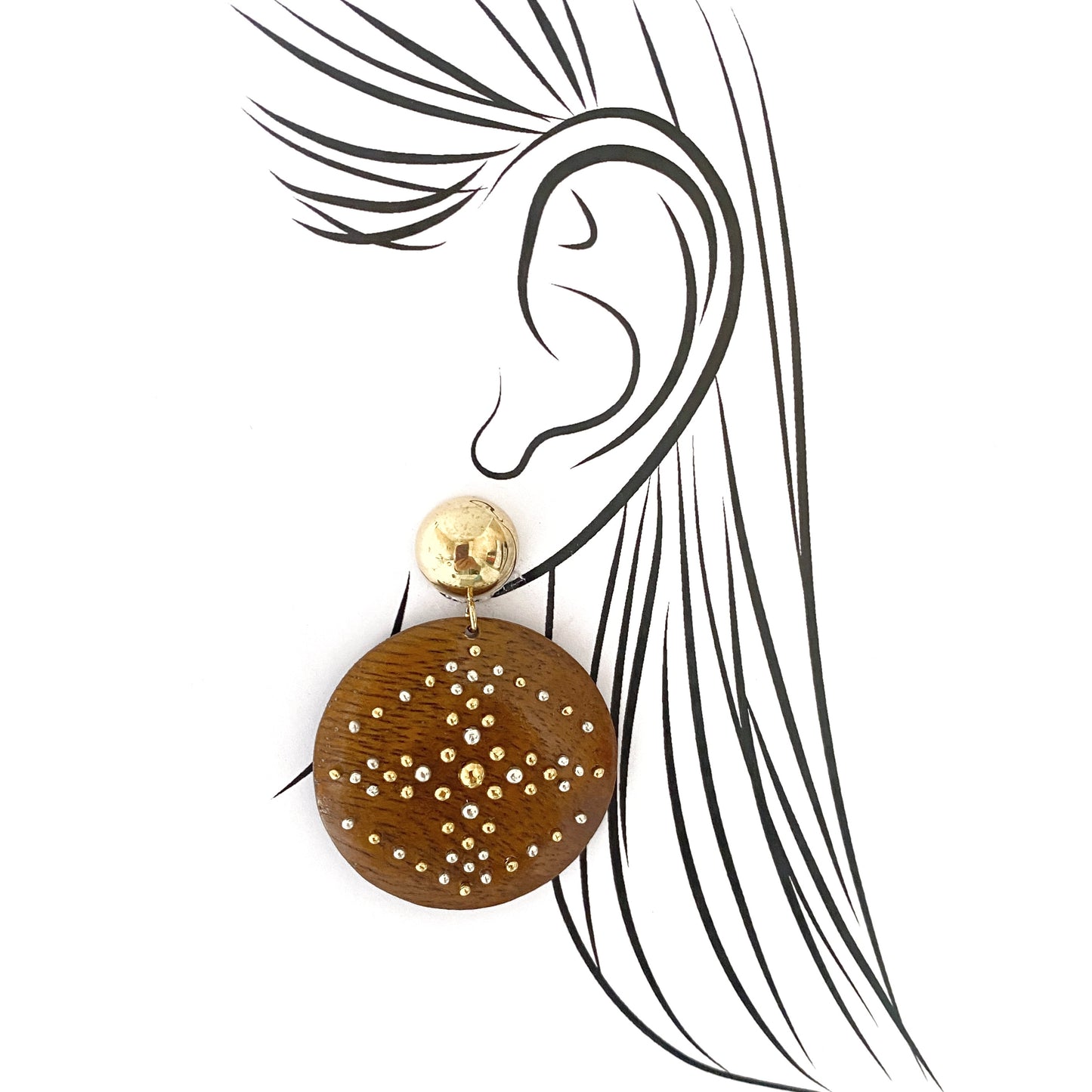 Vintage wooden clip-on earrings with golden accents and light construction
