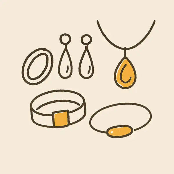 Ring, earrings and bracelet drawn in sketch style, showing wide jewelry selection from Prekrasy