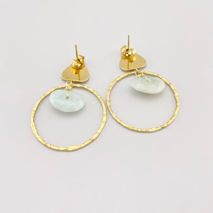 Boucles d’oreilles IRL dorées avec amazonite disposées sur fond clair