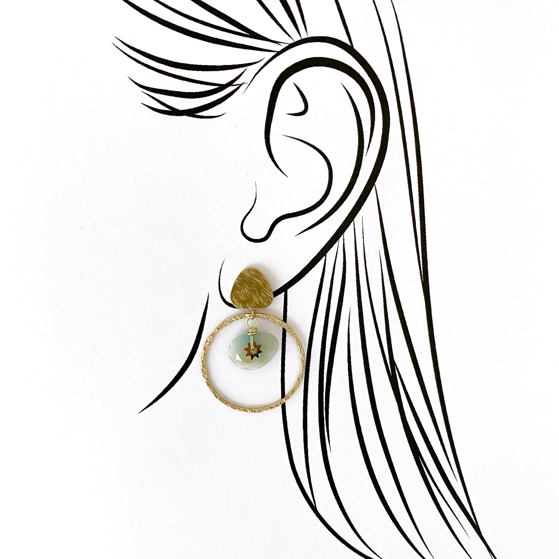 Gold hoop earrings IRL with natural amazonite illustrated on ear
