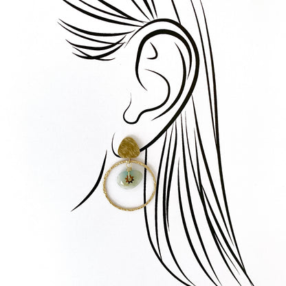 Gold hoop earrings IRL with natural amazonite illustrated on ear